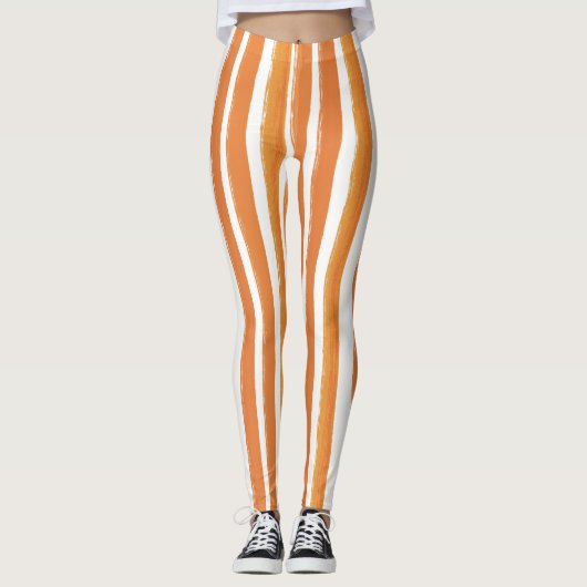 Snoep Stripe Art Sinaasappel en Wit Verticaal Gest Leggings (Voorkant)
