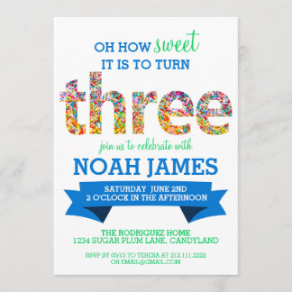 Snoep Thema 3rd Birthday Party Sprinkles BLUE Kaart