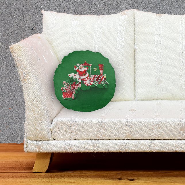  Snoep voor de kerstman met peppermint Rond Kussen (Cute Santa Claus riding red white Christmas Train with candy letters on green decorative pillow.)