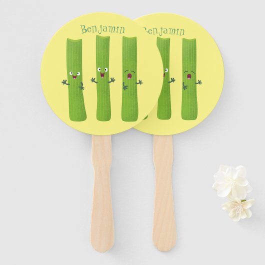 Snoepstokjes trio cartoon groenten handwaaier (Voorkant en achterkant)