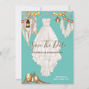 Snoer licht veer boho macrame jurk turquoise blauw save the date
