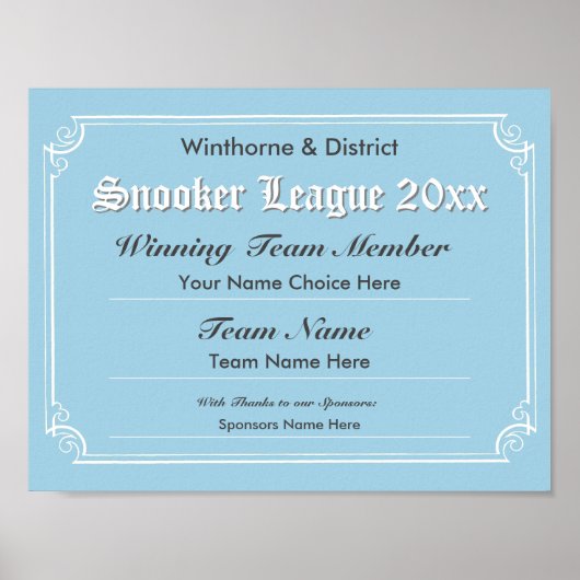 Snooker Competitie Certificaat Poster (Voorkant)