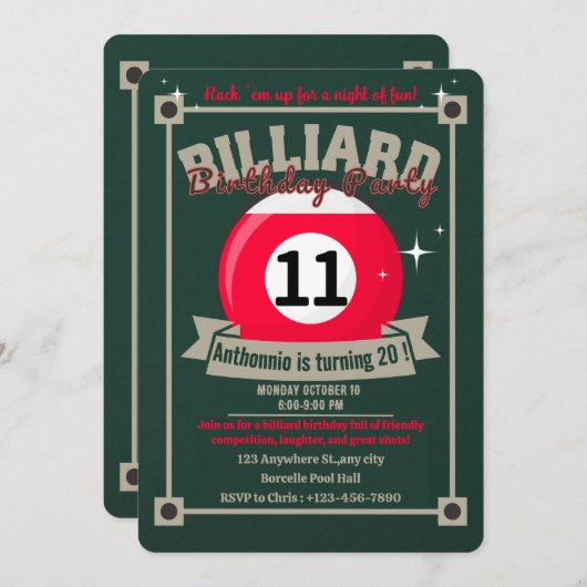 Snooker Invitation Pool Anniversaire Fête Billard (Devant / Derrière)