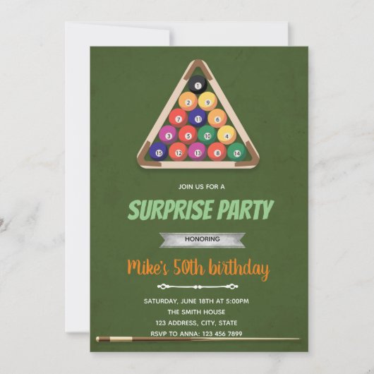 Snooker thema verjaardagsuitnodiging kaart (Voorkant)