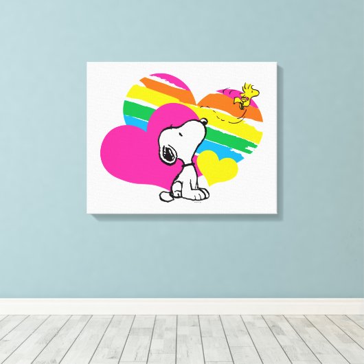 Snoopy en Woodstock | Rainboogharten Canvas Afdruk (Insitu (Houten vloer))