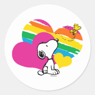 Snoopy en Woodstock   Rainboogharten Ronde Sticker