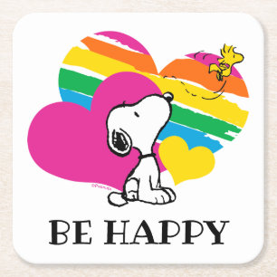 Snoopy en Woodstock   Rainboogharten Vierkante Kartonnen Onderzetter