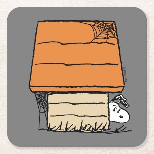 Snoopy Halloween Spin Web Doghouse Vierkante Kartonnen Onderzetter (Voorkant)