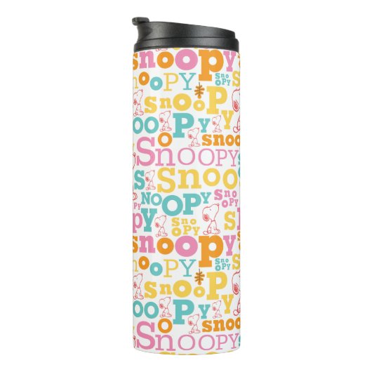 Snoopy Pastel Text Pattern Thermosbeker (Geroteerd rechts)