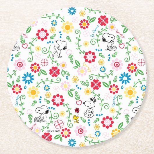 Snoopy So Sweet Flower Pattern Ronde Kartonnen Onderzetter (Voorkant)