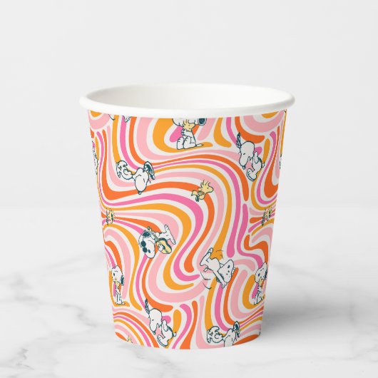 Snoopy & Woodstock Groovy Vibes Sinaasappel Patter Papieren Bekers (Voorkant)