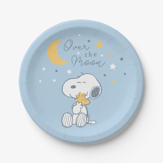 Snoopy & Woodstock | Over the Moon Baby Shower Pap Papieren Bordje (Voorkant)