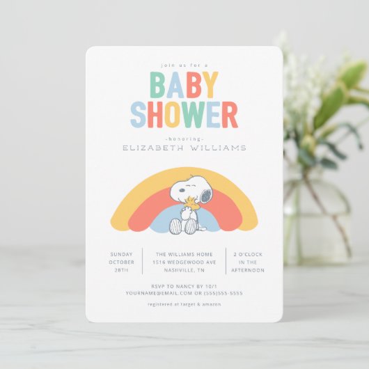 Snoopy & Woodstock Rainbow Baby shower Invitation (Debout devant)