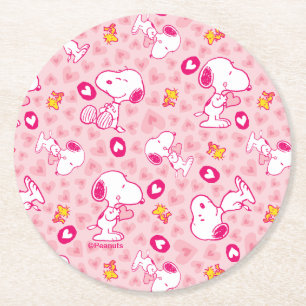 Snoopy & Woodstock Roze Hearts Patroon Ronde Kartonnen Onderzetter