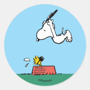 Snoopy & Woodstock Zomerlijke duik in het zwemba Ronde Sticker