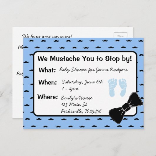 Snor en boog stropdas Baby shower Uitnodiging (Voorkant / Achterkant)