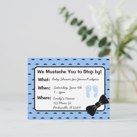 Snor en boog stropdas Baby shower Uitnodiging (Staand voorkant)