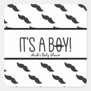Snor IT'S A BOY Zwart Wit Baby Shower Favor Vierkante Sticker