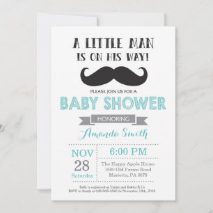 Snorbaard baby shower uitnodiging aqua en grijs