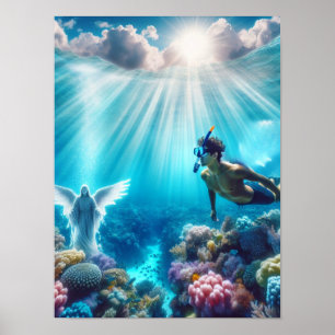 snorkelaar vindt een engel in het rif poster