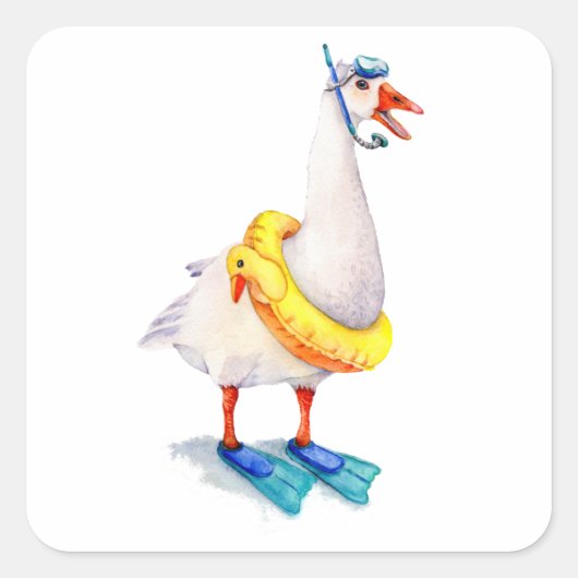 Snorkelende witte gans vierkante sticker (Voorkant)