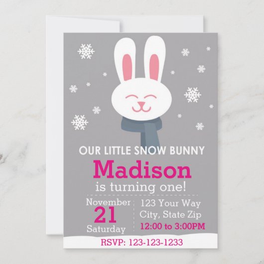 Snow Bunny Birthday Invitation (roze) Kaart (Voorkant)