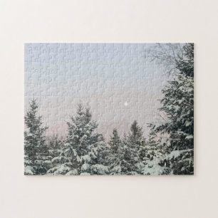 Snow Covered Pine Trees Moon Sunset Legpuzzel