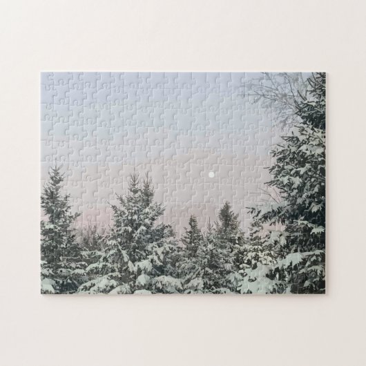 Snow Covered Pine Trees Moon Sunset Legpuzzel (Horizontaal)