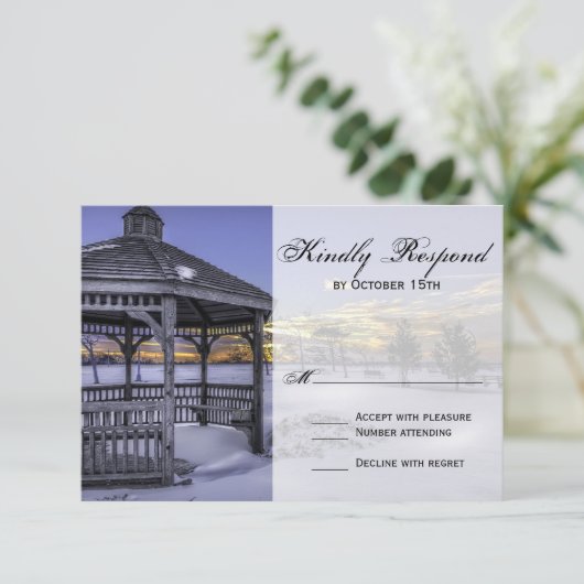 Snow Gazebo Tree Sunset Mariage d'hiver RSVP Carte (Debout devant)