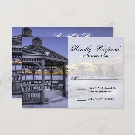 Snow Gazebo Tree Sunset Mariage d'hiver RSVP Carte (Devant / Derrière)