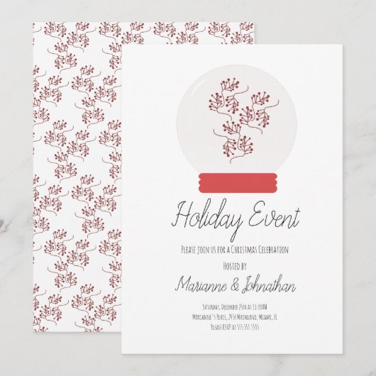 Snow Globe Christmas Party Berry Sprigs Invitation (Devant / Derrière)