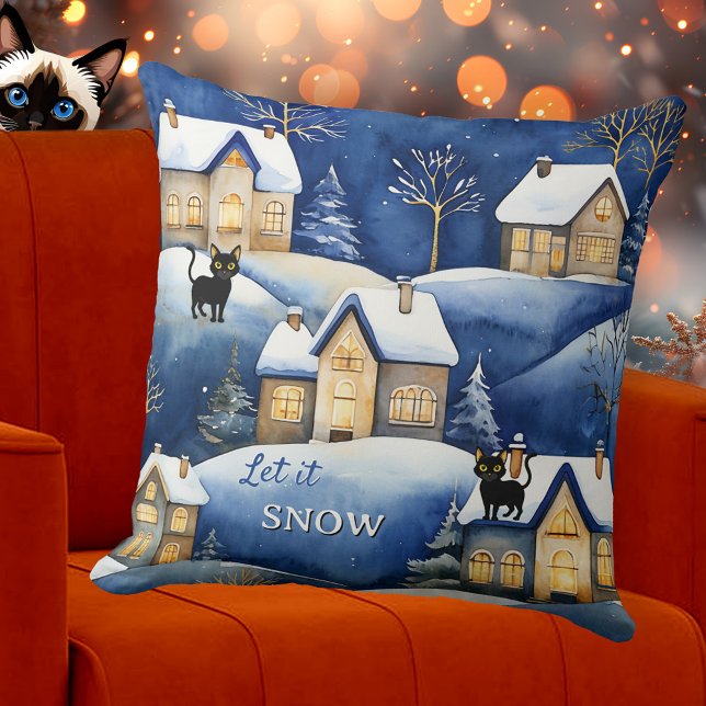 Snow Landscape Cute Winter Cat Kussen (Pillow featuring a painting of a cool snow covered winter landscape with cute cats - Christmas)