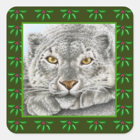 Snow Leopard Holly Leaf Kerst sticker (Voorkant)