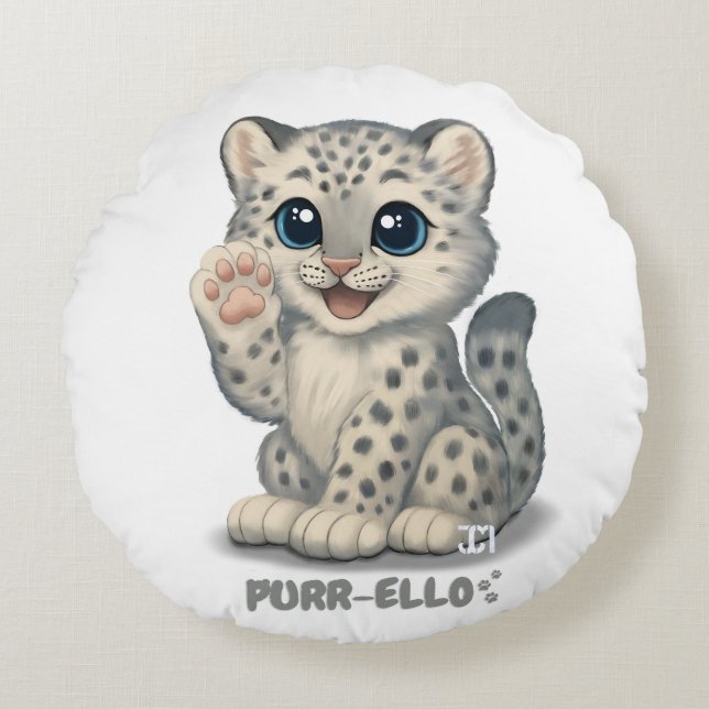 Snow leopard - Purr-ello Rond Kussen (Voorkant)