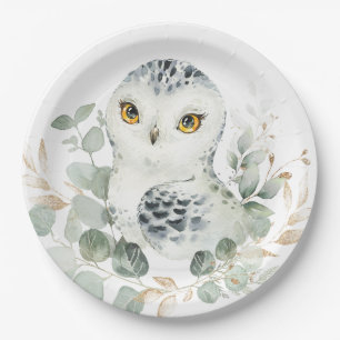 Snow Owl Winter Greenery Eucalyptus Gold Shower Papieren Bordje