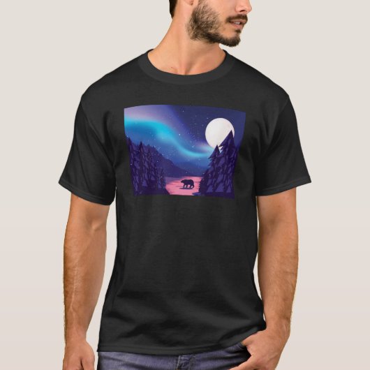 Snow Scene Polar Bear Silhouette w Moon and Aurora T-shirt (Voorkant)