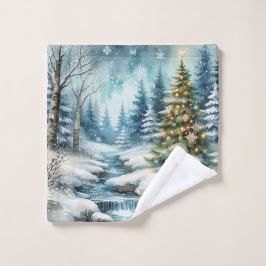 Snow Scene with Christmas Tree Winter Bad Handdoek (Wasdoekje)