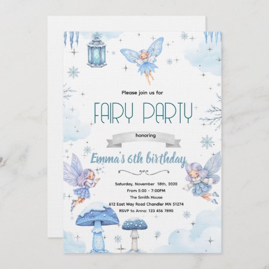 Snow winter fairy party invitation (Devant / Derrière)