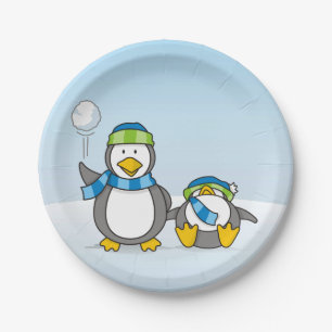 Snowballing pinguïns papieren bordje