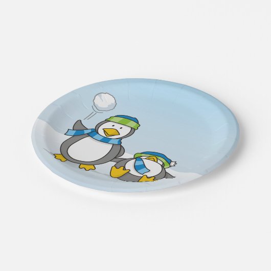 Snowballing pinguïns papieren bordje (Gekanteld)