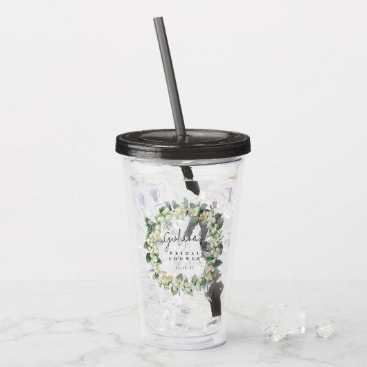 Snowberry & Eucalyptus krans gepersonaliseerde bru Acryl Drinkbeker (Voorkant ijs)