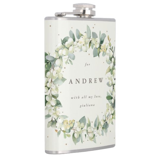 Snowberry & Eucalyptus krans gepersonaliseerde bru Heupfles (Rechts)