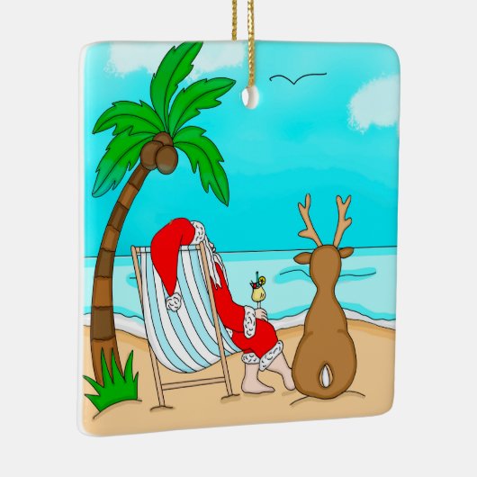 Snowbird Kerstmis, Kerstman en rendier op strand Keramisch Ornament (Rechts)