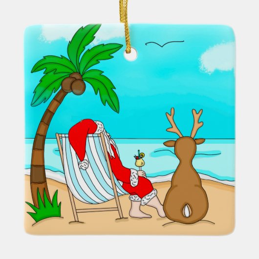 Snowbird Kerstmis, Kerstman en rendier op strand Keramisch Ornament (Voorkant)