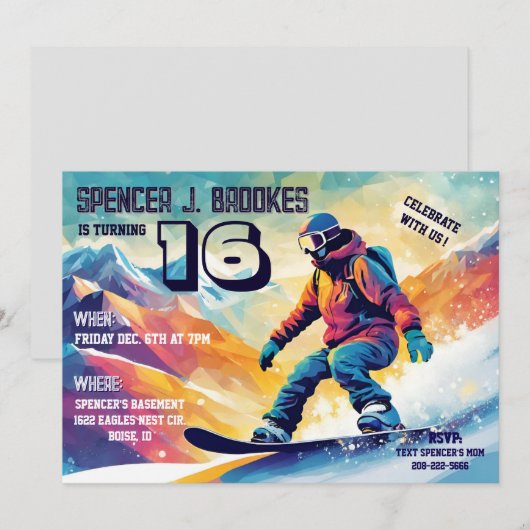 Snowboard 16e anniversaire Invitation (Devant / Derrière)