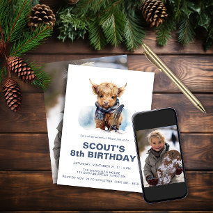 Snowboard Highland Cow Photo Invitation