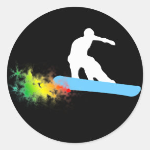 snowboard. regenboog. ronde sticker