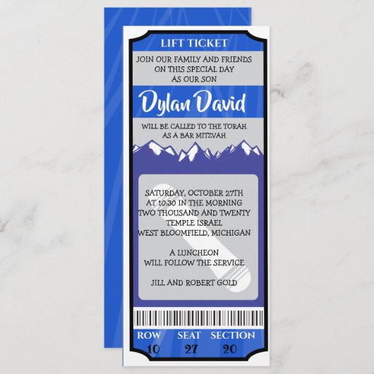 SNOWBOARD TICKET Bar Bat Mitzvah Uitnodiging (Voorkant / Achterkant)