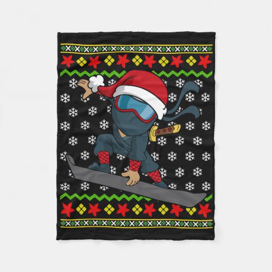Snowboard Ugly KerstSweater Pattern Ninja Sno Fleece Deken (Voorkant)