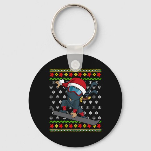 Snowboard Ugly KerstSweater Pattern Ninja Sno Sleutelhanger (Voorkant)